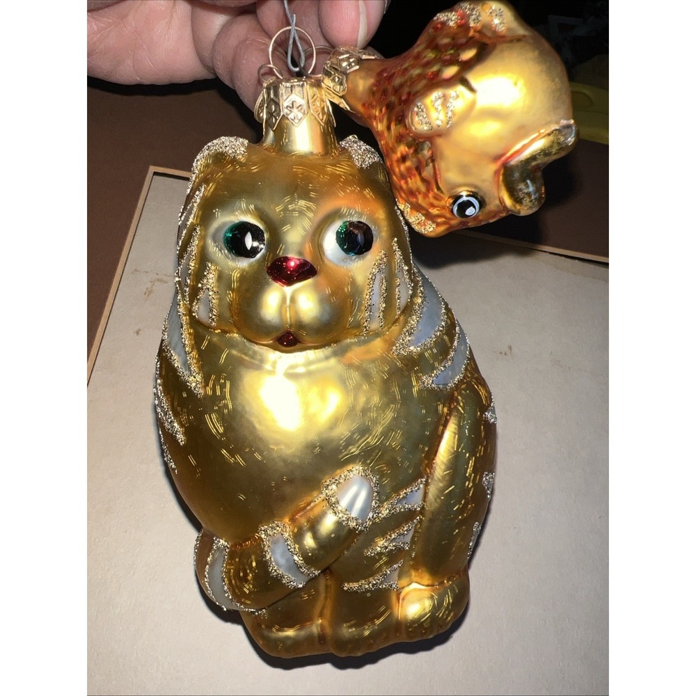 Poland Dept 56 Cat W Goldfish Christmas Ornament Blown Mercury Glass Large 6"